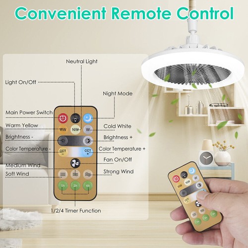 Ceiling Fans With Lights 30W E27 Socket Fan Light With Remote Dimmable Bedroom / - Picture 4 of 27