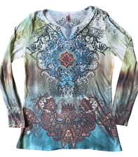 Cyber Y2K Kiara Thermal Top Womens XL Damask Long Sleeve Rhinestone Grunge