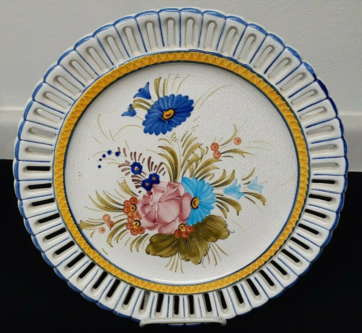 Vintage Reticulated Ceramic Floral Decorative Plate Wall Mount Made In