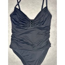 LA BLANCA Black One-Piece Swimsuit Tummy Control Ruched Front Size 12