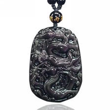Natural crystal black rainbow obsidian dragon necklace pendant with bead chain