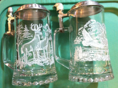  DEER & EAGLE ETCHED GLASS  Pewter Lids Covered Beer Mug Stein Bar LOVE NATURE