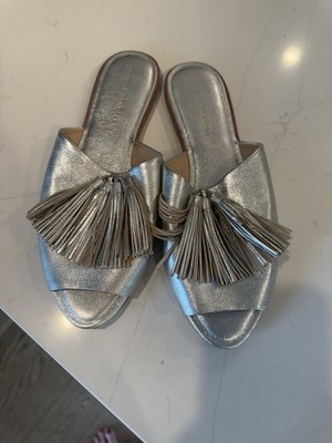 Loeffler Randall Silver Tasseled Leather Flat Sandals Women s Size 10