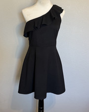 Banana Republic Women's 4 Petite Black One Shoulder Ruffle Mini Dress Cocktail