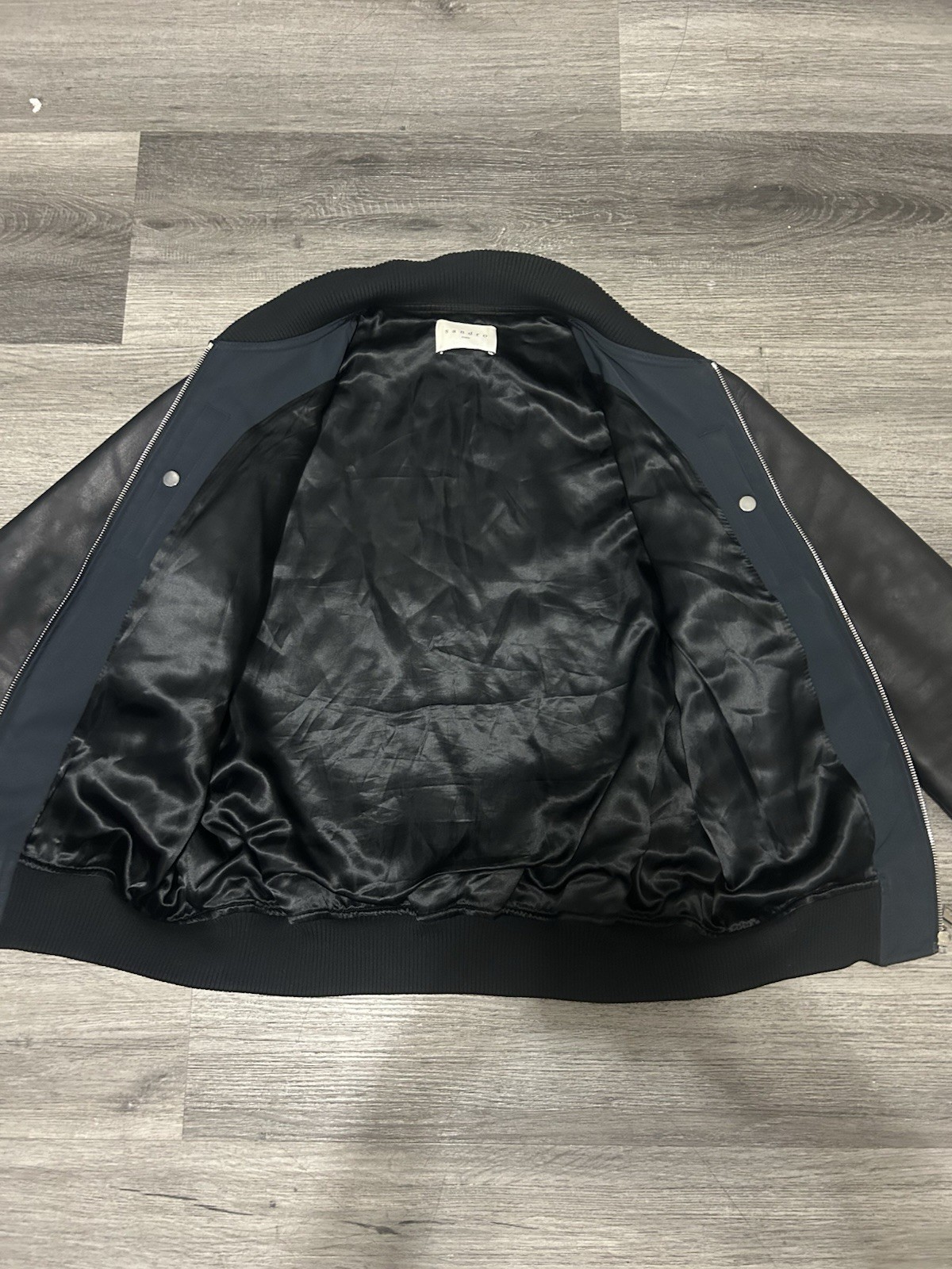 Sandro Lamb Leather Collar Bomber Jacket Varsity Medium Navy Black Two Tone image 5