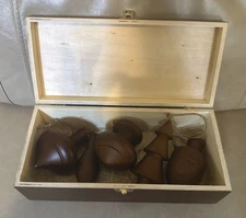 WOODEN SET OF FIVE CHRISTMAS ORNAMENTS WITH WOOD BOX RETRO ARTISAN Finials