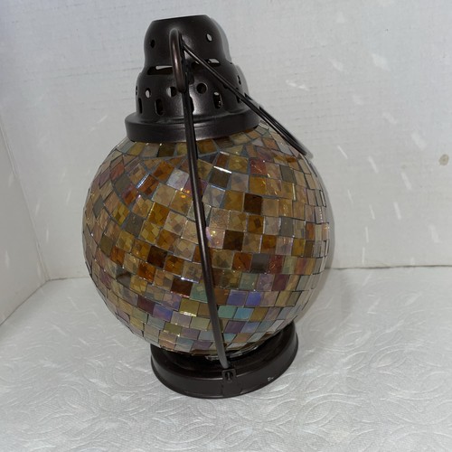PartyLite GLOBAL FUSION Lantern P9238 Candle Holder Iridescent Mosaic Tile Glass - Picture 3 of 8