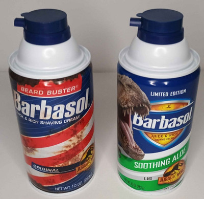 Two Jurassic World Dominion Park Limited Edition Barbasol Shaving Cream Can