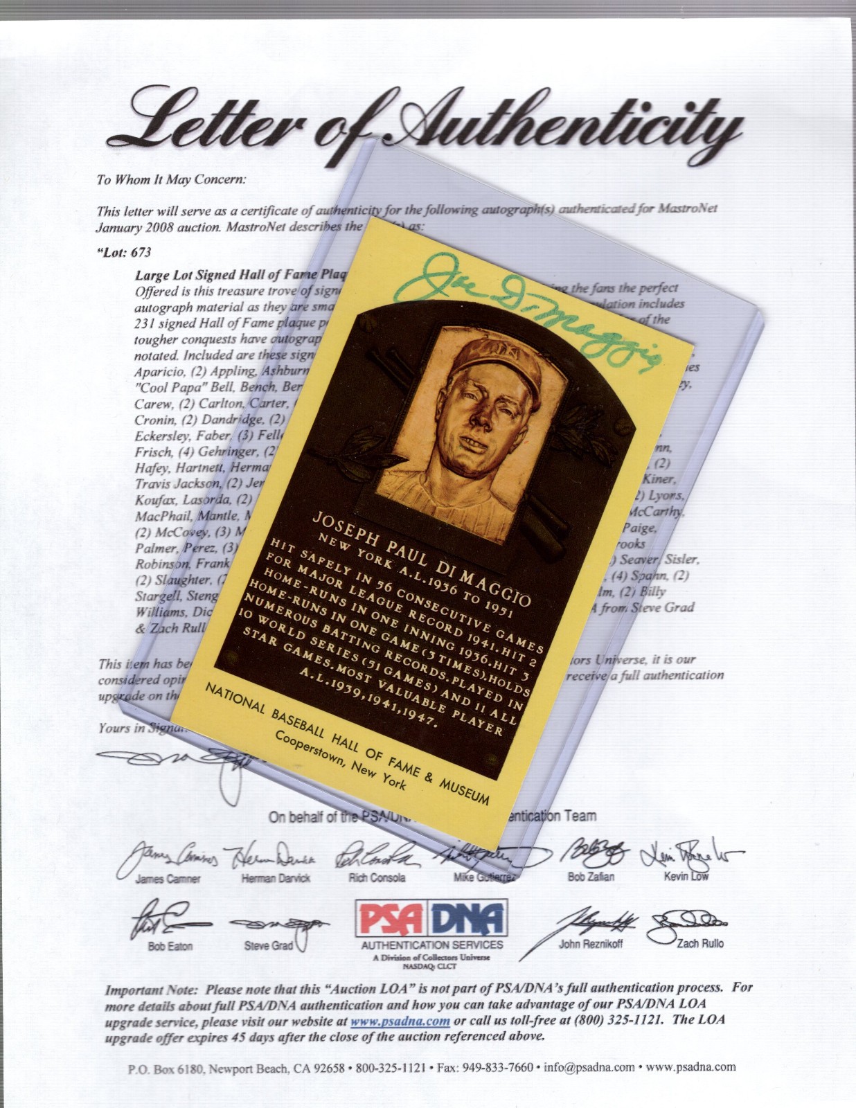 Joe DiMaggio Autographed Signed New York Yankees HOF NPSA DNA LOA National Hall of Fame Plaque 