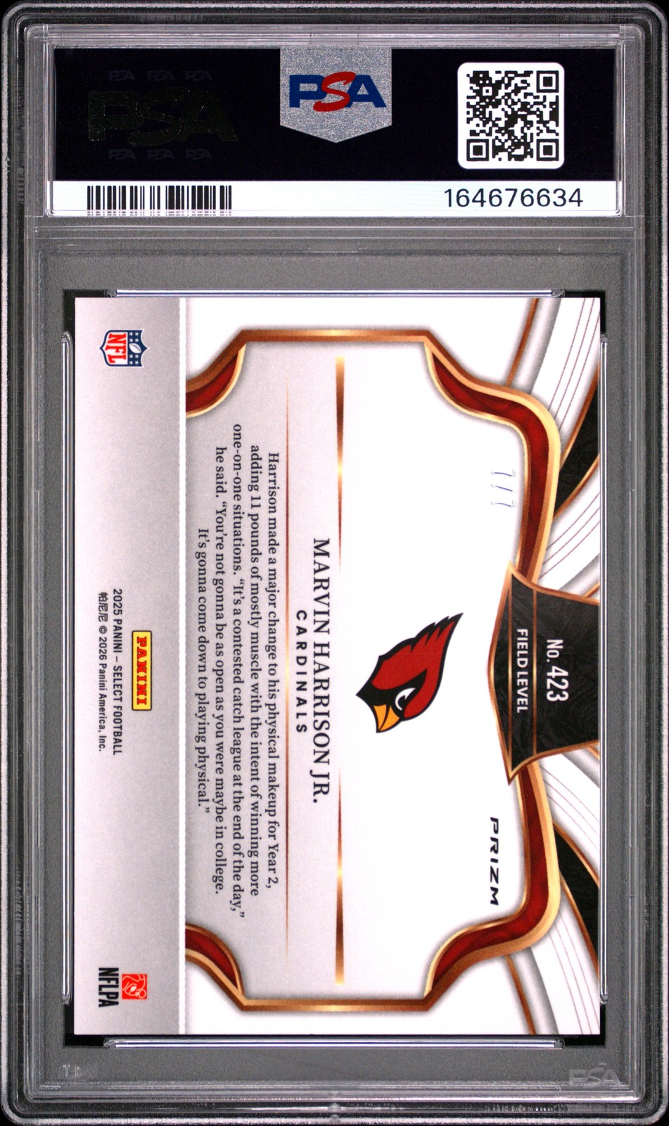2025 PANINI SELECT NEON ORANGE PULSAR #423 MARVIN HARRISON JR. 7/7 PSA 10 view 2