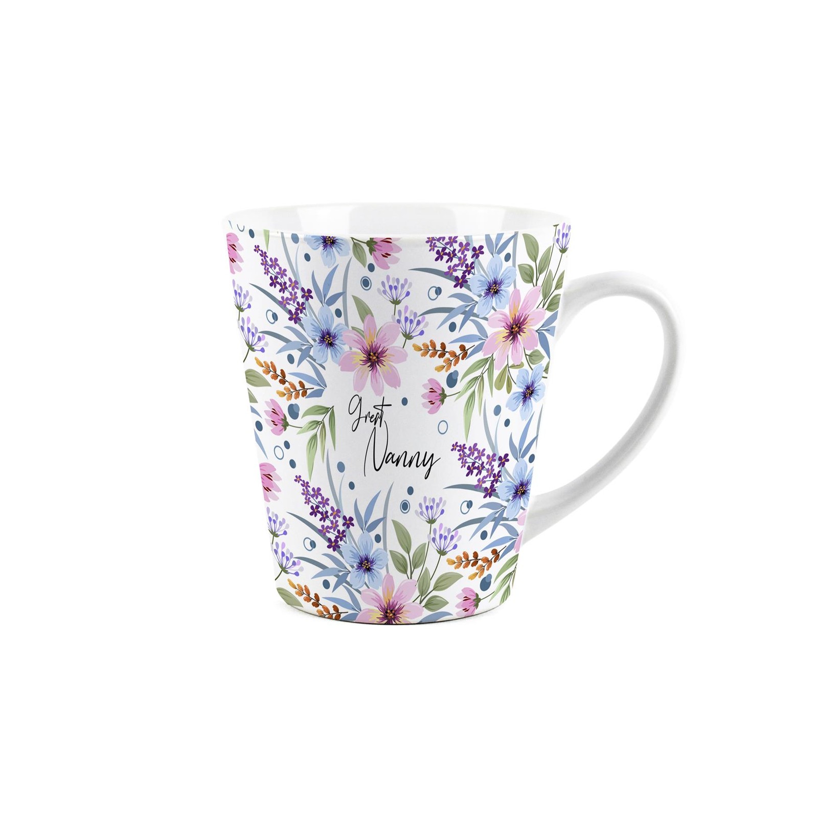 Great Nanny Gift Mug - Blue & Purple Floral Ceramic Latte Coffee Cup Present