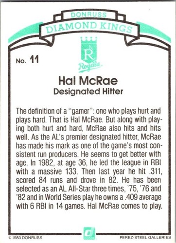 1984 Donruss - Diamond Kings Hal McRae #11  - Picture 2 of 2