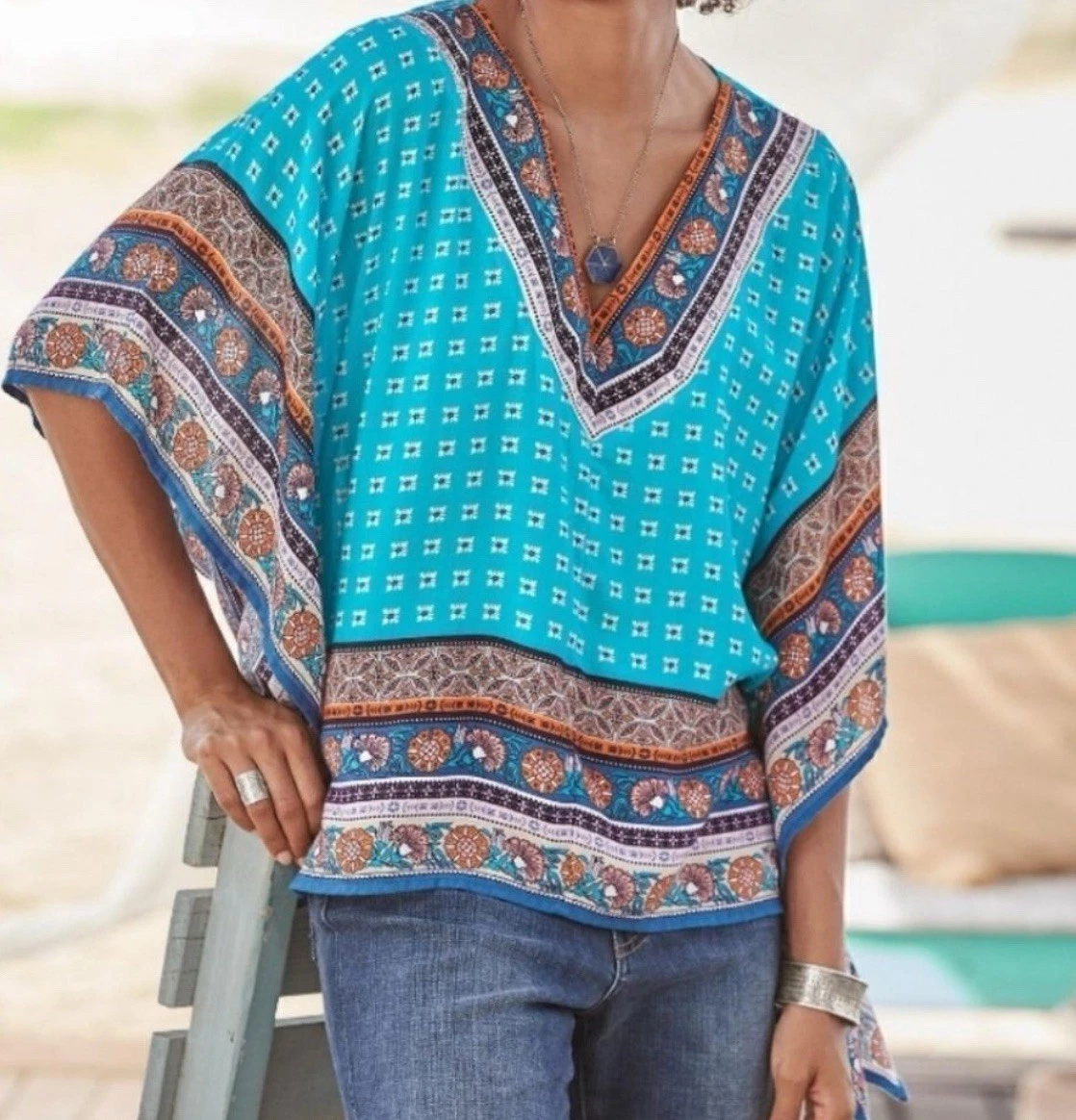 SUNDANCE Island Medallion Poncho Blouse Women XS Oversized Boho Floral Dolman