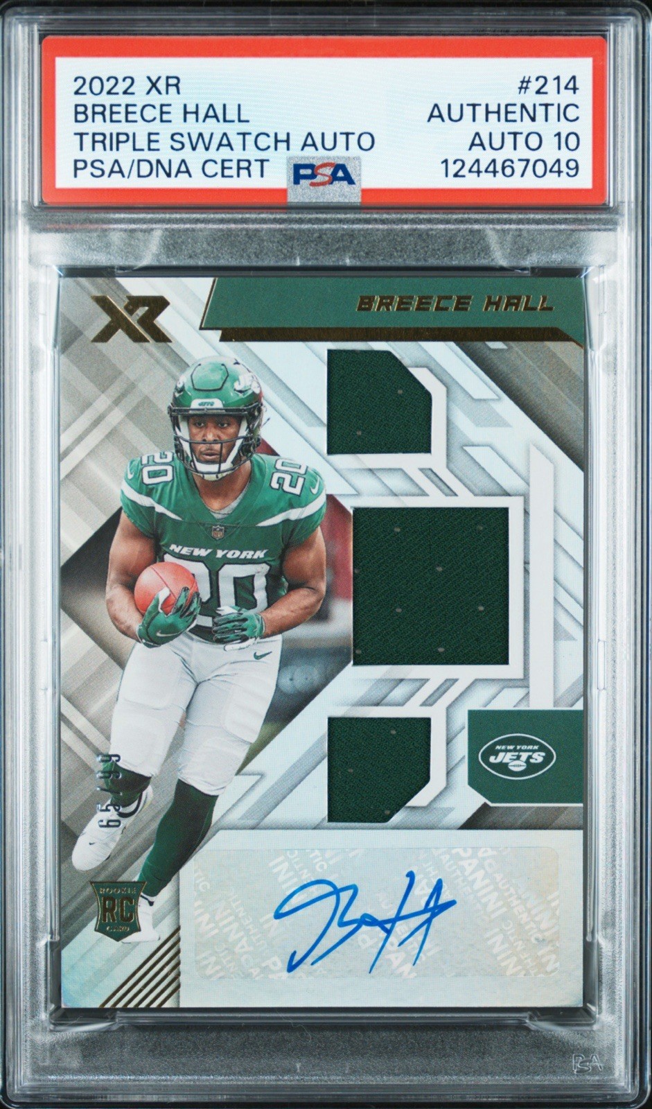 2022 XR Breece Hall Triple Swatch Autographs Rookie /99 Auth Auto PSA 10 POP 1!