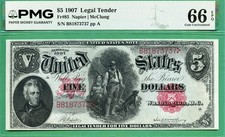 WOODCHOPPER 1907 $5 USN - PMG GEM 66 EPQ  - Fr 85 Napier/McClung - LEGAL TENDER