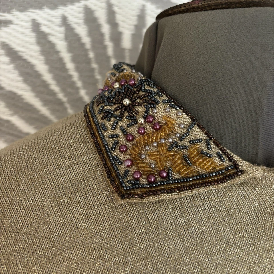 Cárdigan Dorado Metálico De Colección Con Cuentas Talla S Vacaciones Glamour Dinero Antiguo Año Nuevo Disco Foto 4 de 4