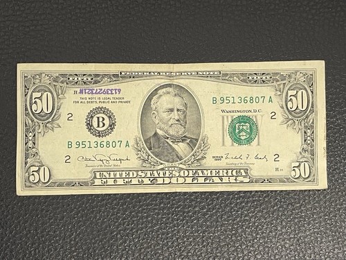 (2) 1990 $ 50 Dollar Bills, Federal Reserve Note - Ink Bleed Through