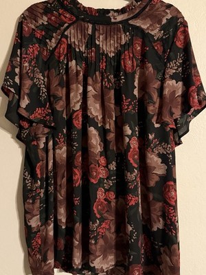 Torrid Floral Pleated High Neck Flutter Sleeve Blouse Short Sleeve Black 4X