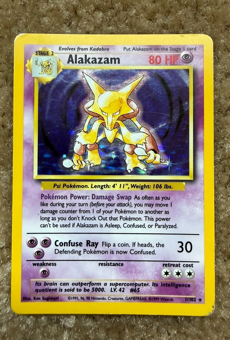 Alakazam 1/102 Holo Rare Unlimited Edition Base Set Pokemon Card 1999 WOTC