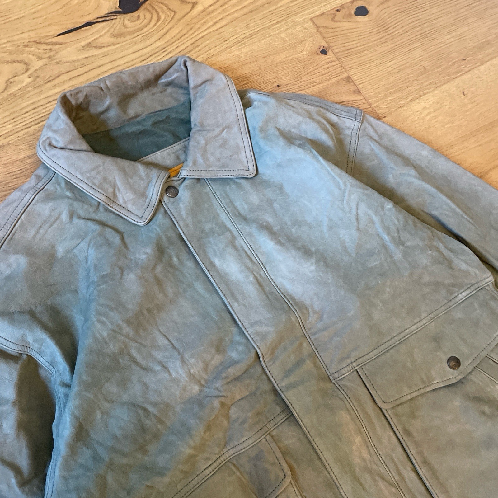 Vintage Timberland Weathergear Light Green Leather Bomber Jacket RARE Unique M image 3