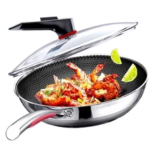 12.6" Stainless Steel Nonstick Wok Pan with Lid-Honeycomb Stir-Fry Skillet fo...