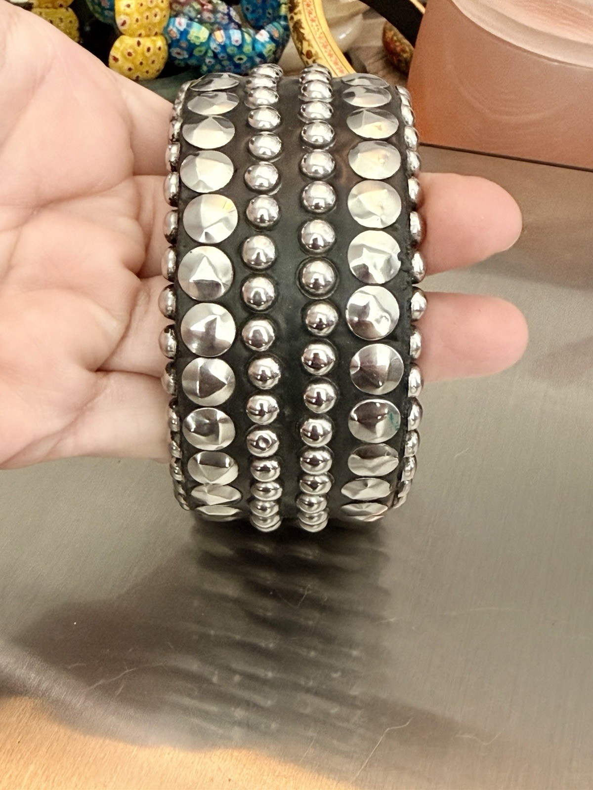 Vintage Punk Studded Cuff Bangle Bracelet Wide Black Silver Chunky Goth Rock