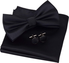 Mens Solid Color Double Fold Pre-Tied Bow Tie and Pocket Square Cufflink Set wit