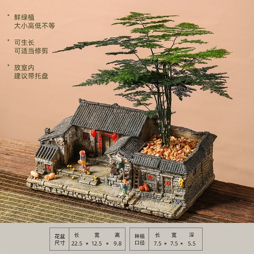 Chinese Style Succulent Plants Planter Landscape Resin Flower Pot House Bonsai - Picture 4 of 13