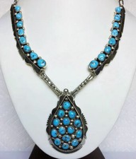 KENNETH JONES NATIVE AMERICAN NAVAJO STERLING SILVER MORENCI TURQUOISE NECKLACE