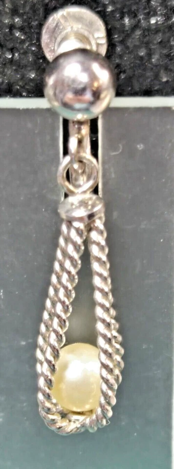 Vtg Stamped Bond Boyd Ster Sterling Silver Caged Pearl Drop Screw Back Earrings Foto 3 de 4