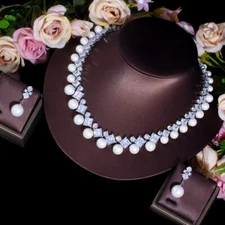 Dainty Silver Plated CZ Square Pearl Choker Necklace Earrings Prom Jewelry Set