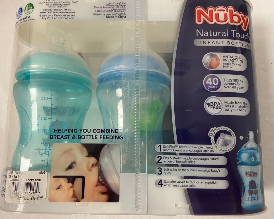 Nuby Natural Touch 3 pack 9oz Infant Baby Bottles w/ Comfort Ortho Pacifier