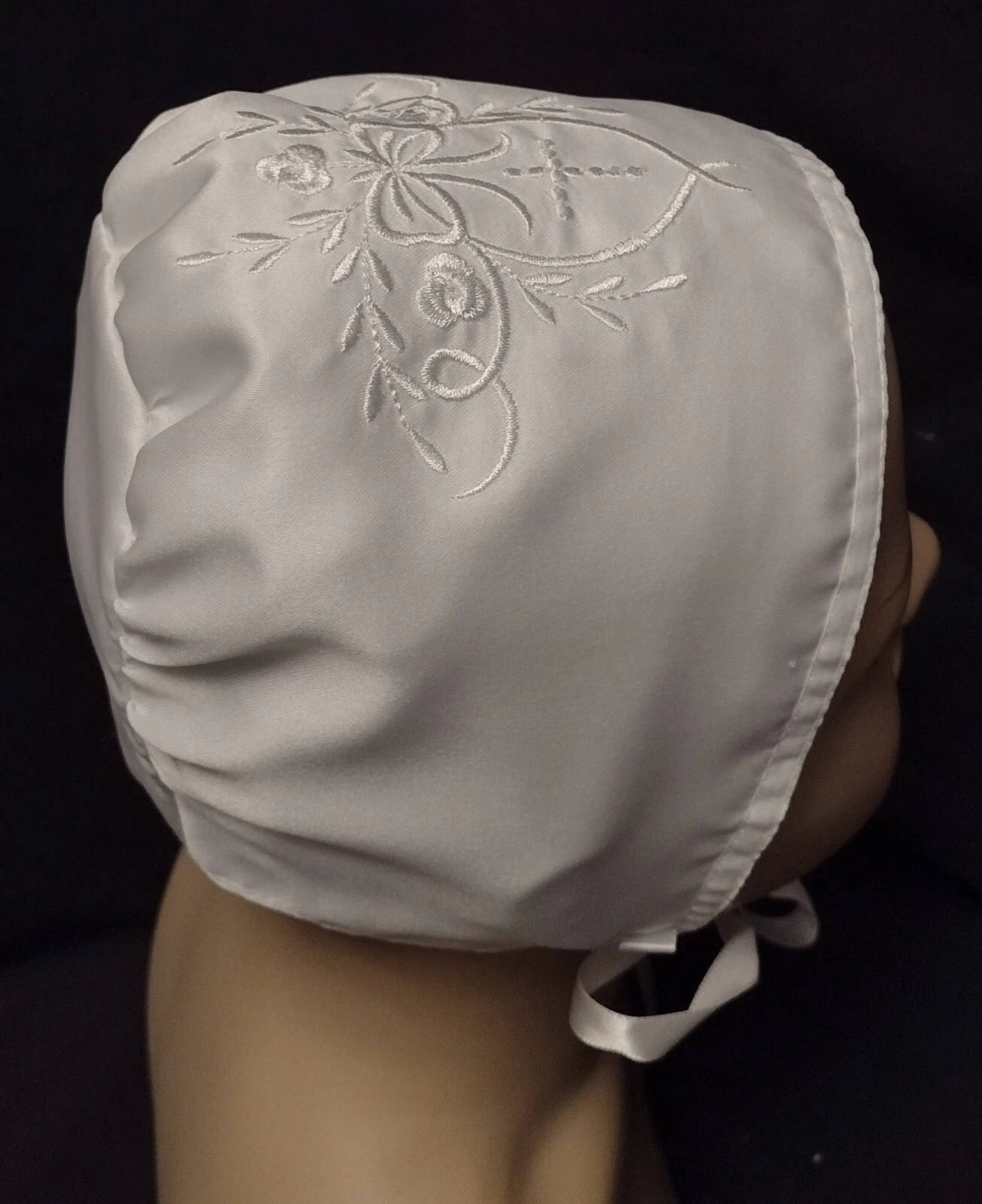 Girl Boy Satin Embroidered Floral Cross Christening/Baptism Bonnet 0-24 M