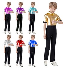 UK Kid Boys Shiny Metallic Sequins Jumpsuit Jazz Dance Disco Costume Dancewear