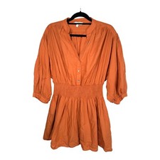 Pinch Cotton Mini Dress Womens Lg Rusty Orange Pleated Smocked Waist Puff Sleeve