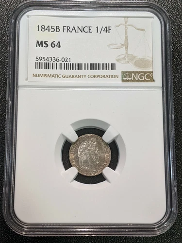 1845 B MS64 France Silver 1/4 Franc KM 740.2 only 2 Graded Higher NGC Rouen Mint