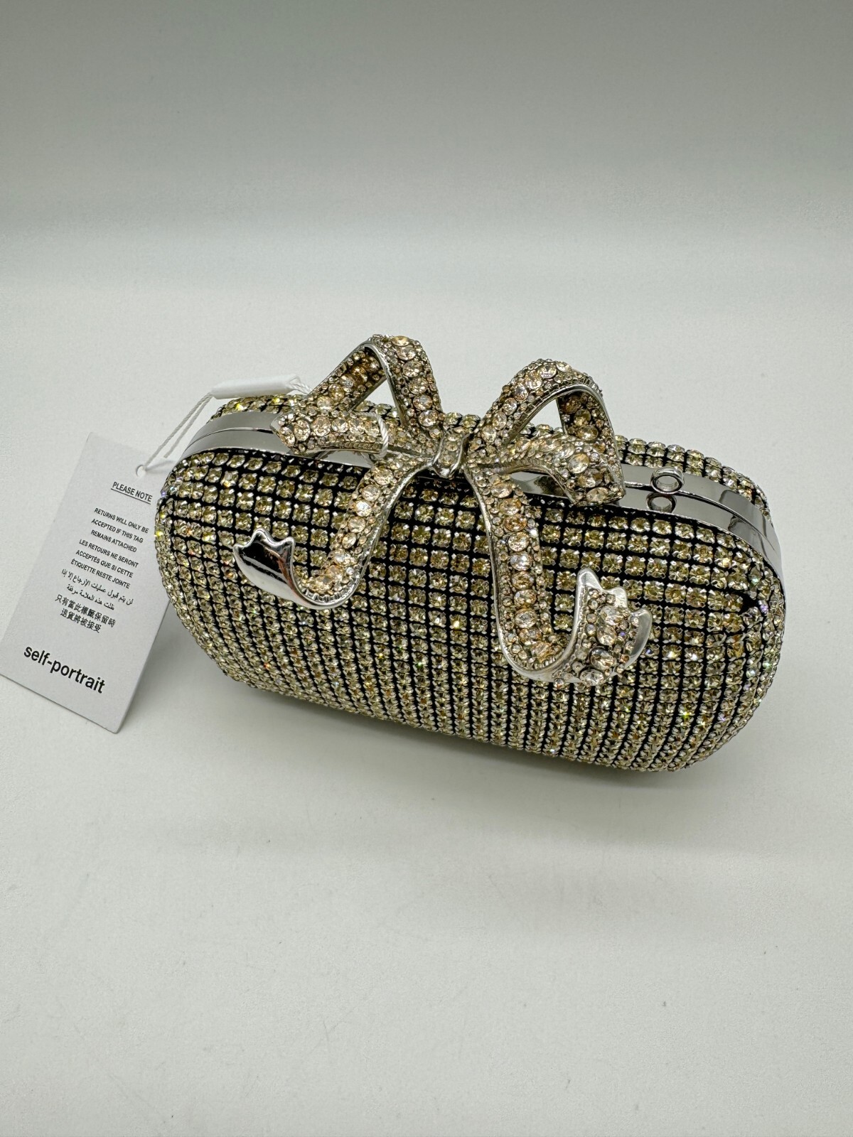 SELF PORTRAIT chain strap crystal embellished bow clutch bag - Champagne/Gold~ image 3