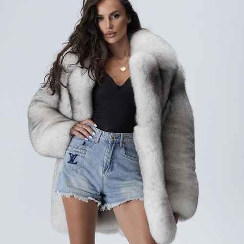 Women Real Blue Fox Fur Coat Natural Full Pelt Lapel Jacket Winter Long Overcoat - Picture 6 of 8