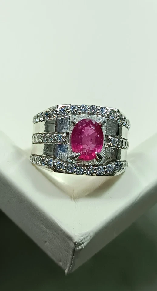 Pedra preciosa de rubi natural com anel folheado a prata 925 para joias masculinas - Imagem 4 de 4