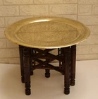 Handmade Moroccan 20" Round Brass Tray Coffee Tea Table with folding Wood Stand