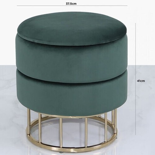 Forest Green Velvet And Gold Metal Round Storage Ottoman Stool - NEW - Picture 3 of 3