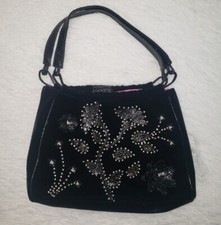 Black Velvet Embroidered Embellished Flowers Art Deco Floral Purse Shoulder Bag