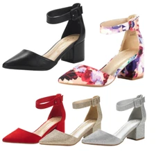 US Women Low Chunky Block Heel Pumps Ankle Strap Pointed Toe Wedding Dress Shoes