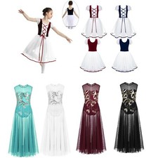 Kids Girls Praise Lyrical Dance Dress Floral Sequins Modern Dancewear Costume