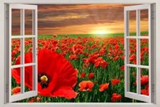 Poppy Field At Sunset 3D Window View Decal WALL STICKER Decor Art Mural Flowers