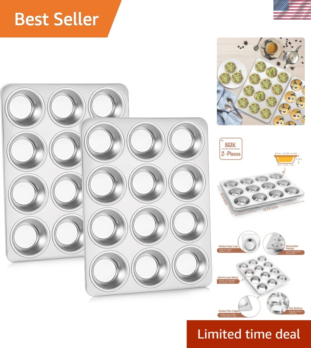 Mirror Finish 12 Cup Stainless Steel Muffin Tin Set - Non-Stick & Easy Clean