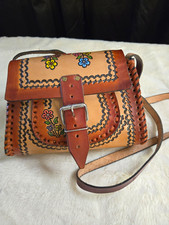 Tan Brown Floral Tooled Leather Crossbody Bag Buckle Snap Closure Brown Strap