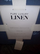 NIP Pure Luxury Linen Embroidered 100 Linen King Duvet Cover Shams Set 3 Pc