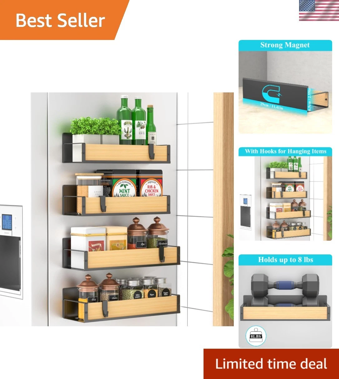 4 Pack Magnetic Spice Rack Organizer - Rust Resistant Wood Finish for Kitchen