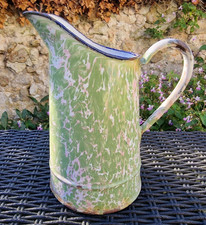 Antik enamelware pitcher pot end of day pink green white enamel graniteware